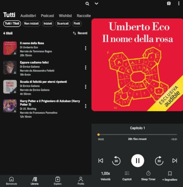 Sezione Libreria app Audible e player integrato