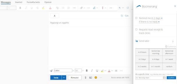 add-on Boomerang per pianificare email su Outlook online