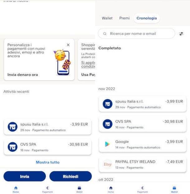 visualizzazione elenco pagamenti completati su app PayPal
