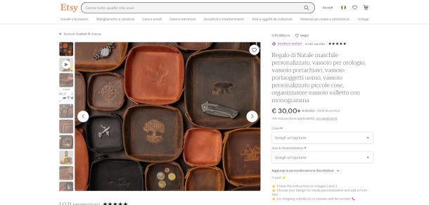 scheda prodotto su sito Etsy con relative opzioni di personalizzazione