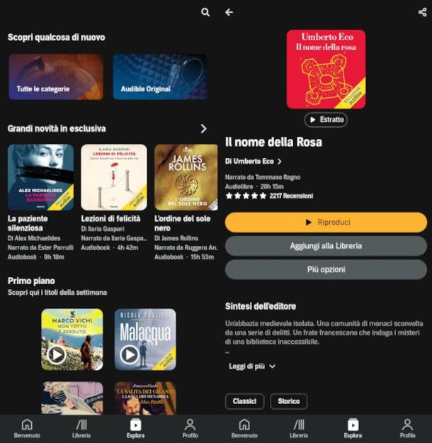 schermata principale app Audible e scheda di un contenuto