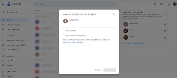 Aggiunta compleanno ai contatti su Google Contacts da Web