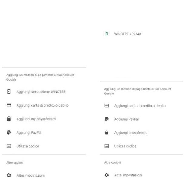 aggiunta pagamento con credito telefonico WINDTRE su app Google Play Store