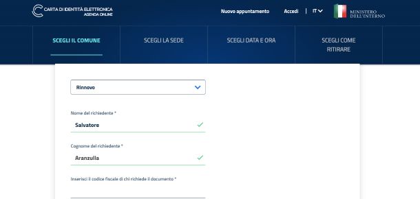 CIE, pagina prenotazioni online