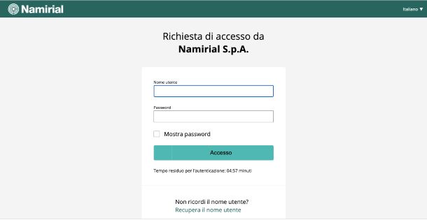 Namirial SPID, pagina di accesso