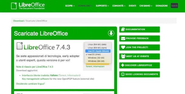 selezione sistema operativo e chipset Mac su sito ufficiale LibreOffice