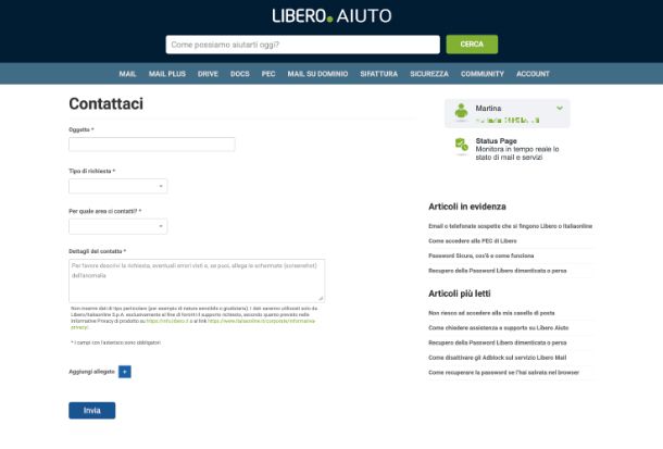 Libero Mail modulo contatto