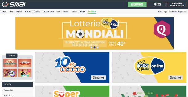 SNAI, pagina Web delle lotterie