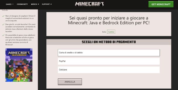 Minecraft modalità di pagamento