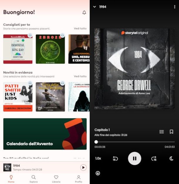 selezione audiolibro su app Storytel e player integrato