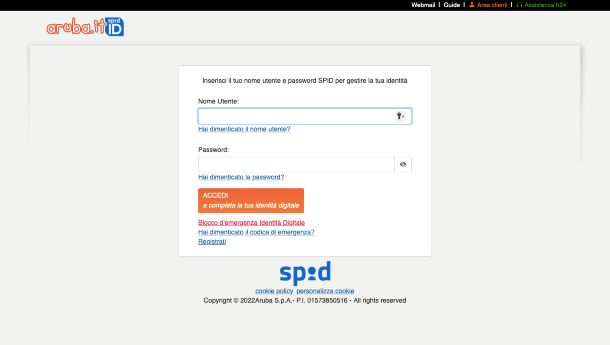 SPID Aruba pagina di accesso