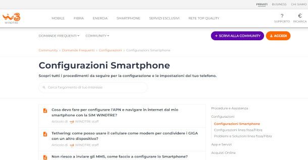 pagina del sito WINDTRE con le istruzioni di configurazione degli smartphone