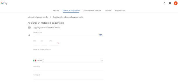 aggiunta carta di credito su Google Play Store da PC