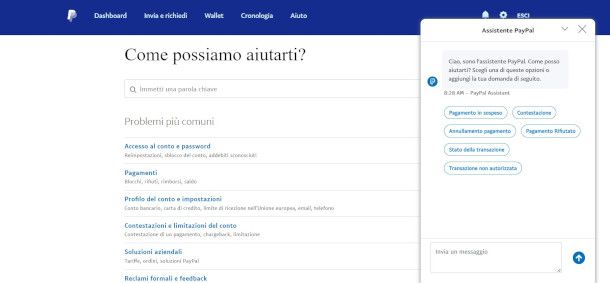 pagina di assistenza sito PayPal