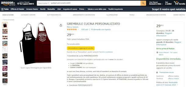 esempio di oggetto personalizzabile su Amazon