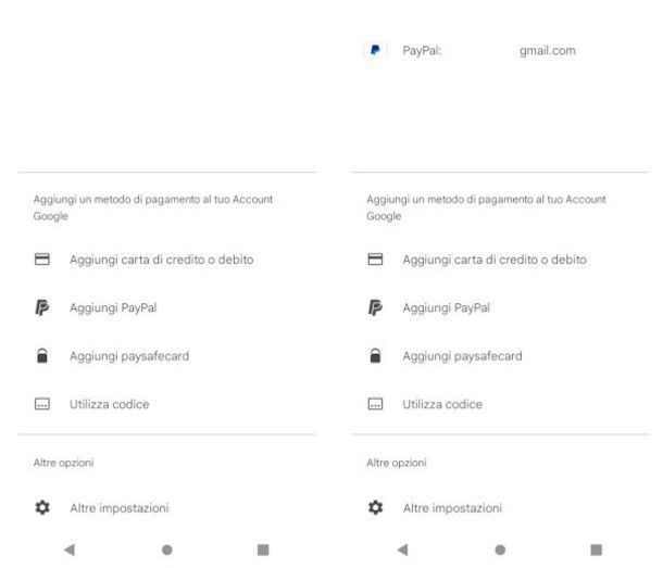 Aggiunta account PayPal come metodo di pagamento su app Google Play Store