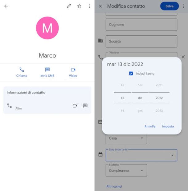 Aggiunta compleanno a contatto su Google Contacts da app