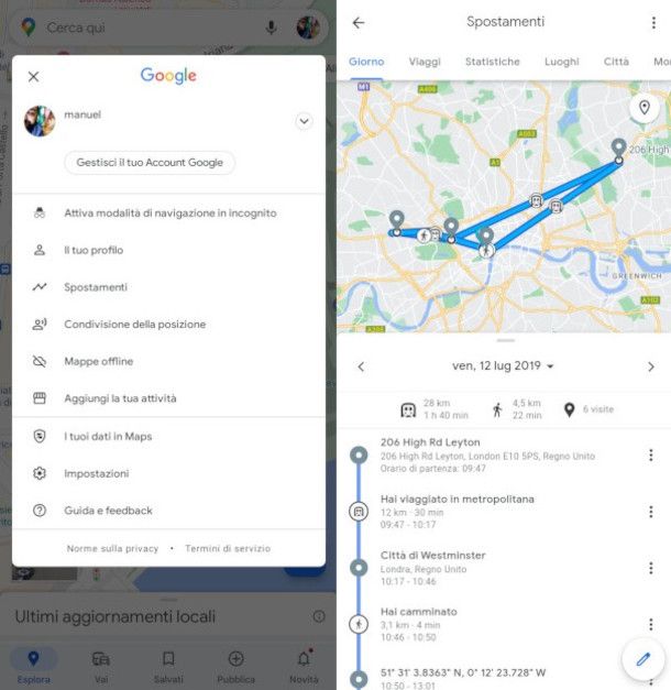 visualizzazione Spostamenti anni passati su app Google Maps