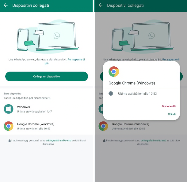 Disconnettere WhatsApp Web da Android
