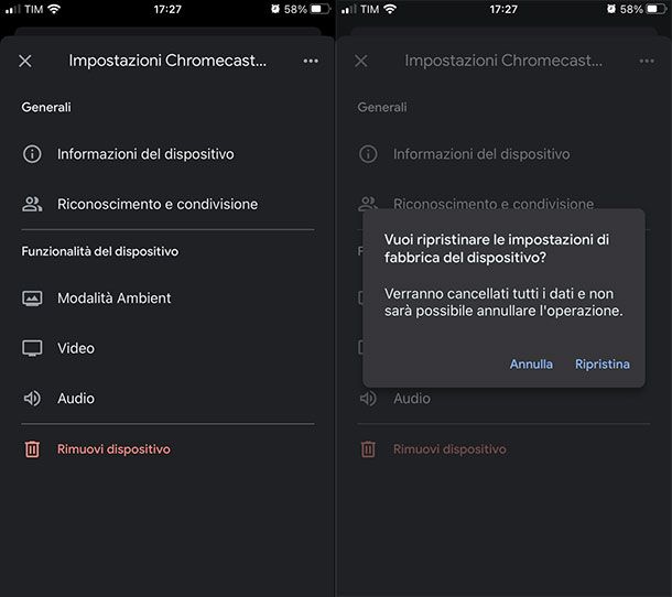 Ripristinare le impostazioni di fabbrica di Chromecast