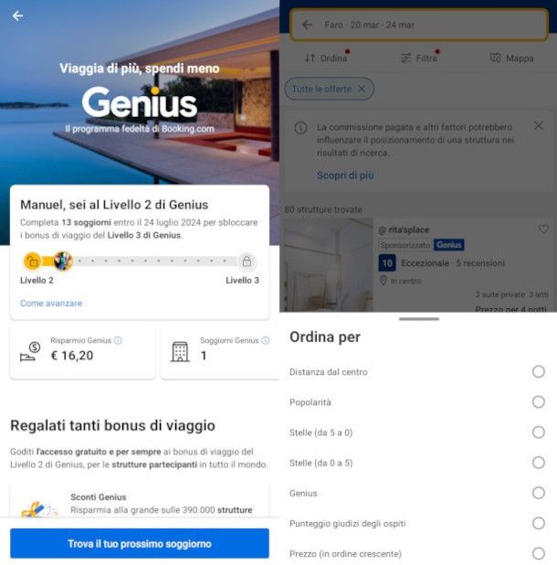 ricerca strutture Genius su app Booking