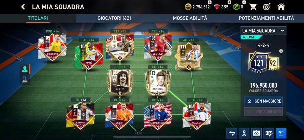 Fifa mobile, scheda di gestione della squadra