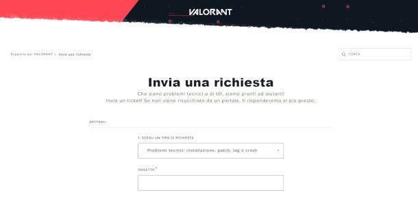 pagina di richiesta supporto del sito di Riot Games