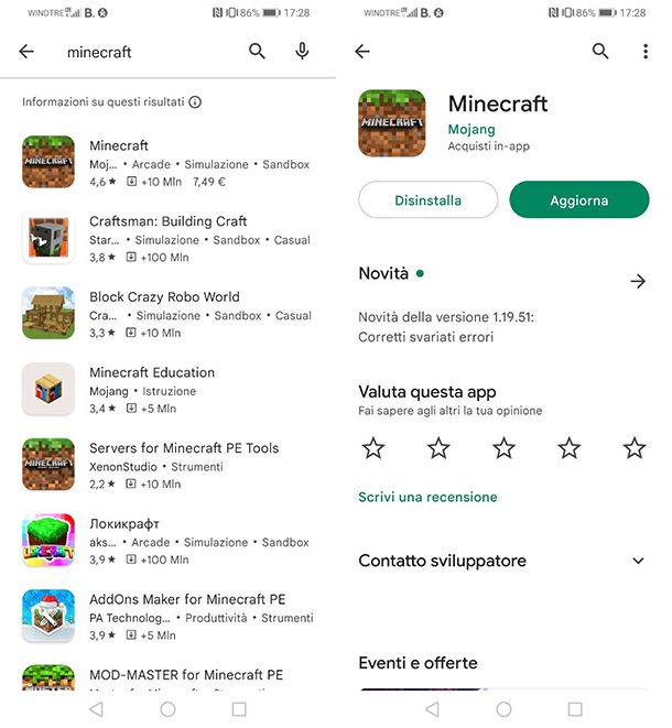 Come aggiornare Minecraft su Android