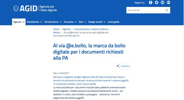 Sito Web AGID, servizio @e.bollo