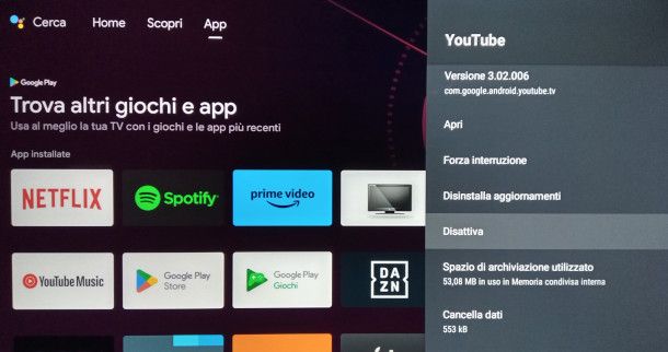 disattivazione YouTube da Android TV