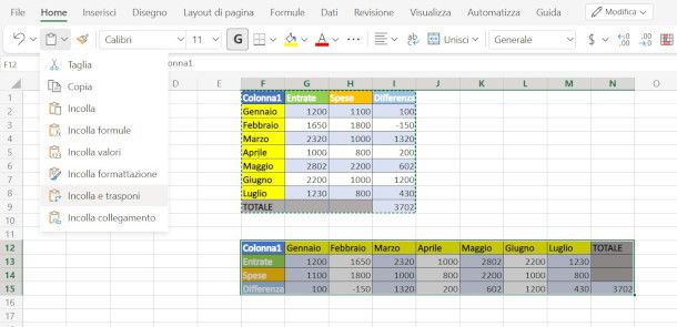 funzione Incolla e trasponi su Excel online