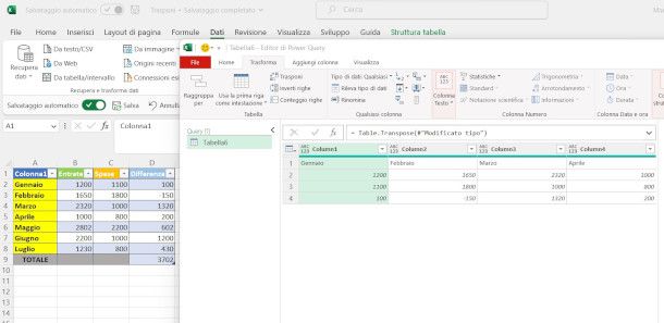 Utilizzo funzione Trasponi da Power Query su Excel per PC Windows