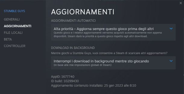 preferenze sugli aggiornamenti automatici di Stumble Guys su Steam da PC