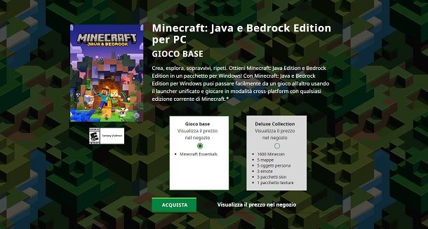 Pagina acquisto minecraft PC