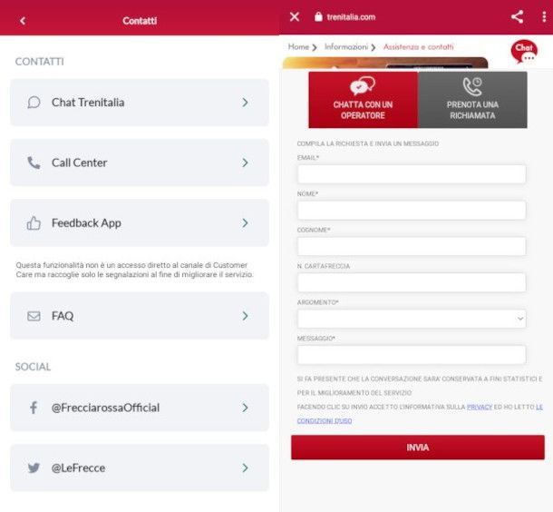 accesso al servizio di chat dall'app Trenitalia