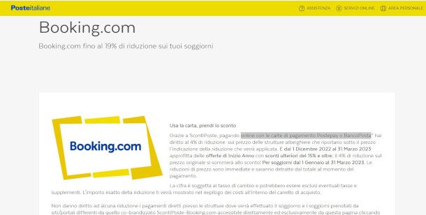 offerta Booking su sito Poste Italiane