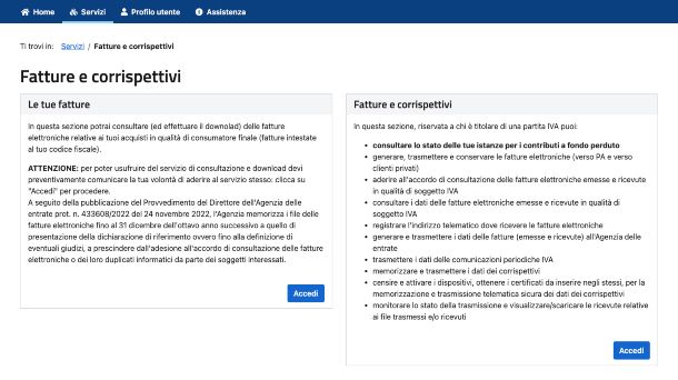 Sito dell'Agenzia, sezione Fatture e corrispettivi