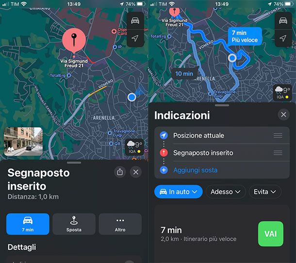 Pianificare un itinerario su Apple Mappe