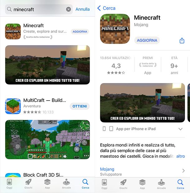 Minecraft Aggiornamento iOS