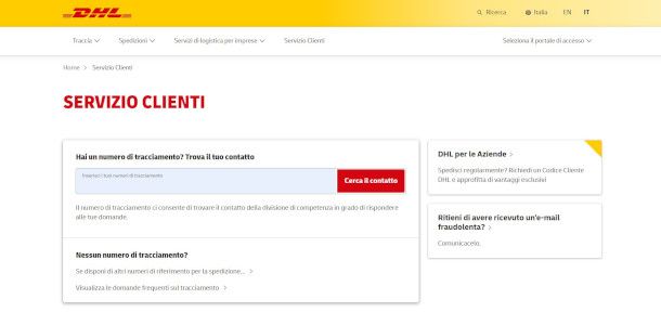 tracciamento spedizione su sito DHL