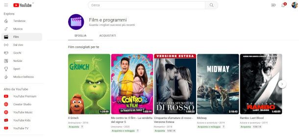 schermata Film e programmi sito YouTube