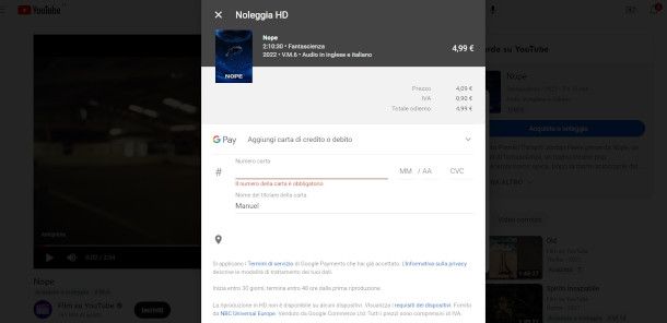 selezione metodo di pagamento per acquisto film su sito YouTube