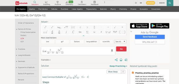 Symbolab, calcolatore online mcm e MCD per polinomi 