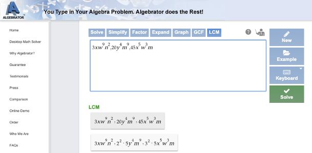 Algebrator, calcolatore online mcm e MCD per polinomi