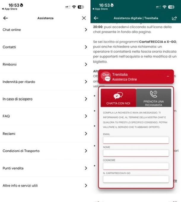Chat da app Trenitalia