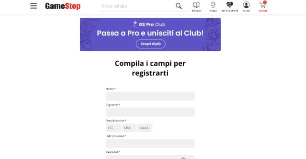 GameStop registrazione account