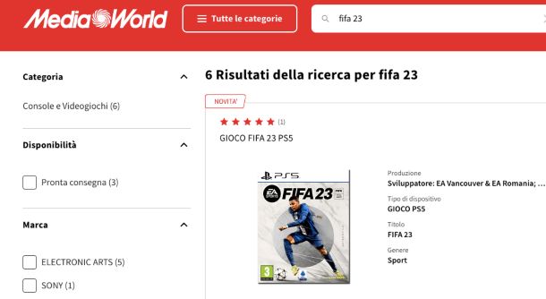 FIFA 23 in vendita su Mediaworld