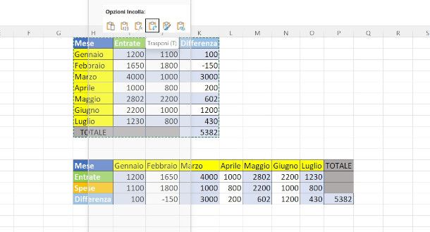 funzione Incolla e trasponi su Excel per Windows