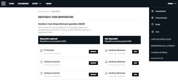 rimozione dispositivo registrato da sito DAZN