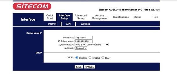 schermata di configurazione IP e DHCP di un vecchio router